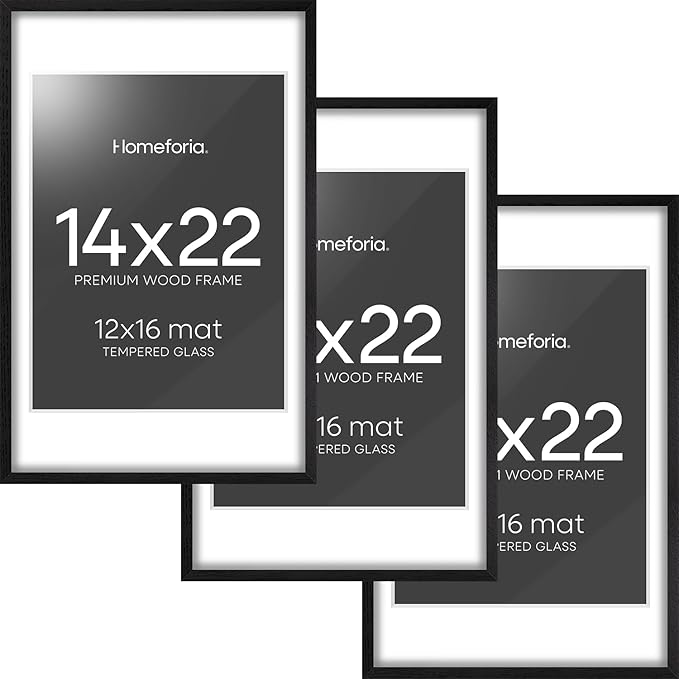 Homeforia 14x22 Frame Black Wood, High End Oak 14x22 Picture Frames with Mat 12x16 Photo, 14 x 22 Wooden Poster Frame Matted to 12 by 16 Print, 22x14 Hanging Frames, Tempered Glass, Wall Kit, Set of 3