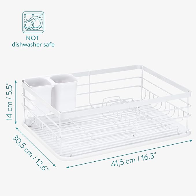 Navaris Dish Drainer Rack - Plate, Cutlery, Pots and Pans Drying Rack for Kitchen - Modern Retro Design Drip Tray with Metal Rack - White
