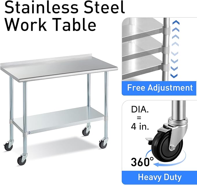 Stainless Steel Table for Prep & Work with Caster & Backsplash 24x72 Inches, NSF Metal Commercial Kitchen Heavy Duty Table with Adjustable Under Shelf and Table Foot for Restaurant, Home and Hotel