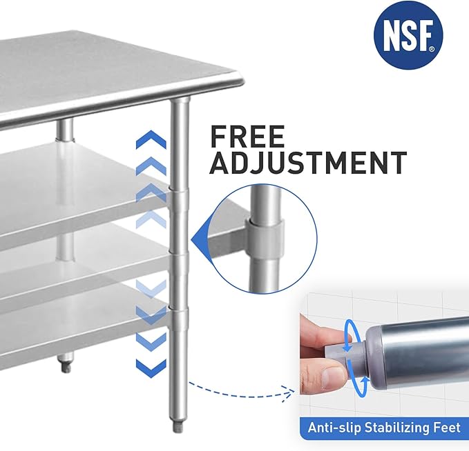 ROCKPOINT Stainless Steel Table for Prep & Work 24x36 Inches, NSF Metal Commercial Kitchen Heavy Duty Table with Adjustable Under Shelf and Table Foot for Restaurant, Home and Hotel