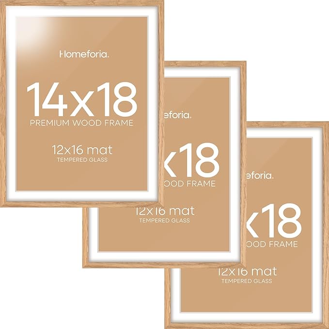 Homeforia 14x18 Picture Frame Natural Wood, High End Oak 14x18 Light Wooden Poster Frame with Mat 12x16, 14 x 18 Frames Matted to 12 x 16 Photo, 18x14 Hanging Frame, Tempered Glass, Wall Kit, Set of 3