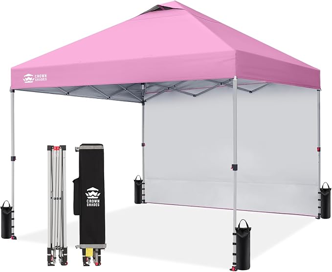 CROWN SHADES Canopy Tent, 10 x 10 Foot Portable Pop Up Outdoor Shelter with 1 Sidewall, Easy 1 Push Center Lock, UV Protection, and Carry Bag, Pink