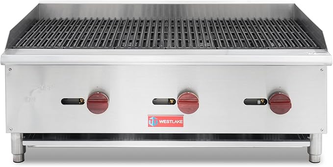 WESTLAKE 36"W Commercial Charbroiler Gas Countertop 3 Burner Natural Gas and Propane 90,000 BTU Char Broiler Stainless Steel BBQ Stove Grill for Restaurants