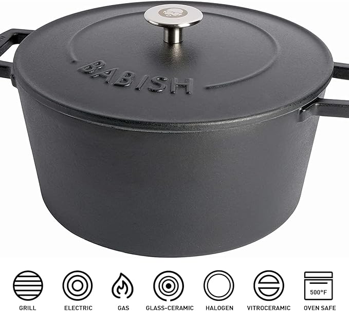 Babish 6-Quart Round Enameled Cast Iron Dutch Oven with Lid – Matte Black, Heavy-Duty Dutch Oven for Slow Cooking, Braising & Baking
