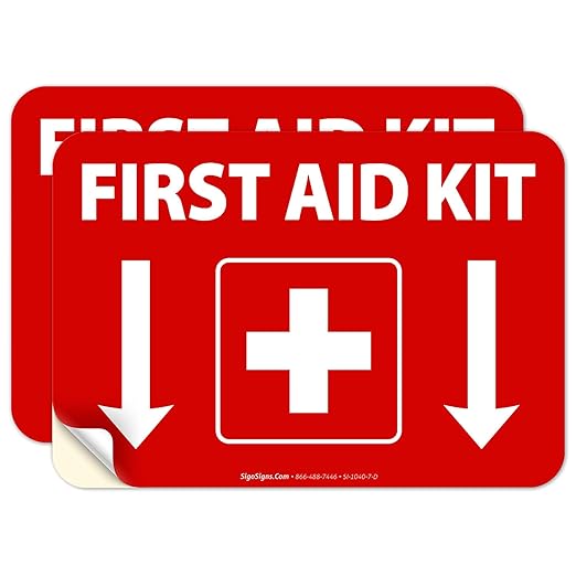 First Aid Kit Sign, (2 Pack) Sticker, 10x7 Inches, 4 Mil Vinyl Self Adhesive Durable Decal Stickers, Long Lasting, Weatherproof and UV Protected, Made in USA by Signs