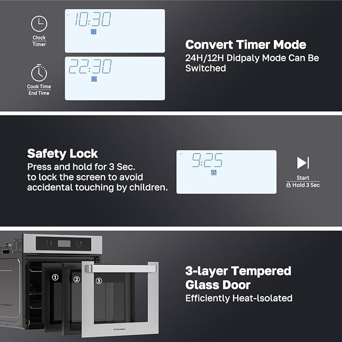 ThermoMate 24 Inch Electric Wall Oven, ETL Certified, 2.6 Cu.Ft. Convection Ovens with 12 Functions, 3D Heating, 3100W, Sensor Touch Control, Safety Lock, Stainless Steel