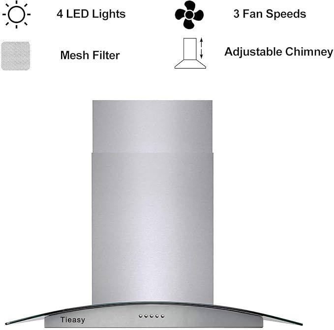 36 inch Island Range Hood 700 CFM Ceiling Mount Hood Stainless Steel Stove Vent Hood with Tempered Glass, Push Button Controls, Mesh Filters