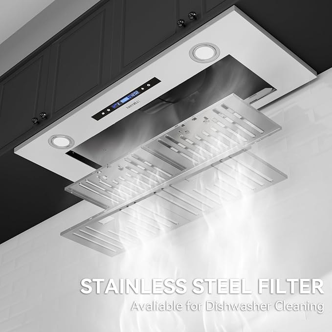 Hermitlux 30 inch Built-in/Insert Range Hood, 600 CFM Stainless Steel Vent Hood with 3 Speed Gesture Sensing & Touch Control Panel, Ducted/Ductless Convertible, LED Light and Charcoal Filters
