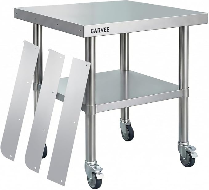 Garvee Stainless Steel Work Table, 24x36x26 Inch Commercial Food Prep Worktable with Wheels, Detachable 3-Sided Backsplash & Height-Adjustable Shelf, Heavy Duty Workbench for Kitchen Restaurant Garage