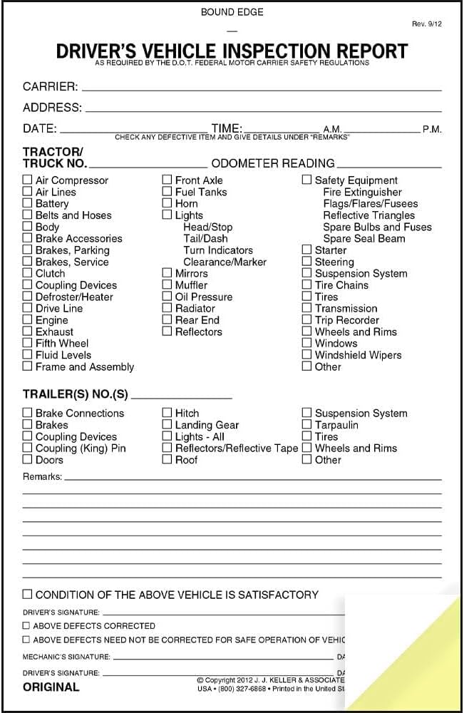 Detailed Driver's Vehicle Inspection Report 25-pk. - Book Format with 31 Sets, 2-Ply Carbonless, 5.5" x 8.5", Meet FMCSR Requirements, J. J. Keller & Associates, Inc.