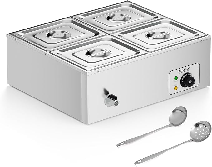 ROVSUN 42.3QT 1200W Electric Commercial Food Warmer, 4-Pan Steam Table 10.6 QT/Pan Stainless Steel Bain Marie Buffet Countertop with Temperature Control & Lid for Parties, Catering, Restaurants 110V