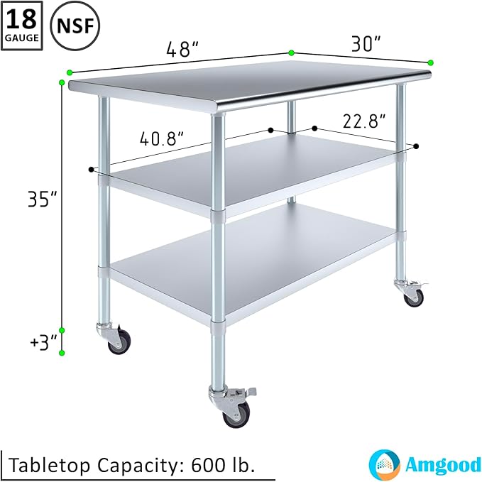 AmGood Stainless Steel Work Table with 2 Shelves and Casters | Metal Utility Table On Wheels (Stainless Steel Work Table with 2 Shelves + Casters, 48" Long x 30" Deep)
