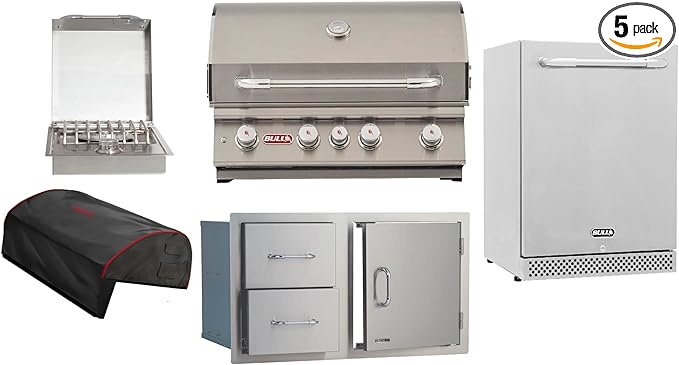 Bull Outdoor Products 30-Inch Outdoor Kitchen Bundle – Angus 75,000 BTU Built-In Grill Head, Grill Cover, Door & 2 Drawer Combo with Reveal, Glass Door & Contemporary Refrigerators – LP