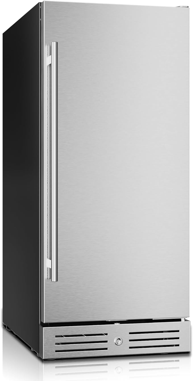 Yeego 15 Inch Beverage Refrigerator, 100-Can Beverage Cooler with Lock & Auto Defrost, Stainless Steel Indoor & Covered Outdoor Beverage Fridge, Freestanding or Under Counter for Beer, Soda & Wine