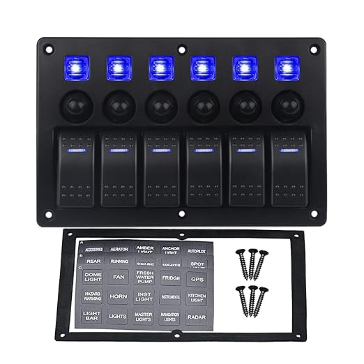 6 Gang Boat Rocker Switch Panel Marine Switch Panel Waterproof Marine Toggle Switches ON/Off with Circuit Breaker for Car RV Truck Automotive 12V-24V