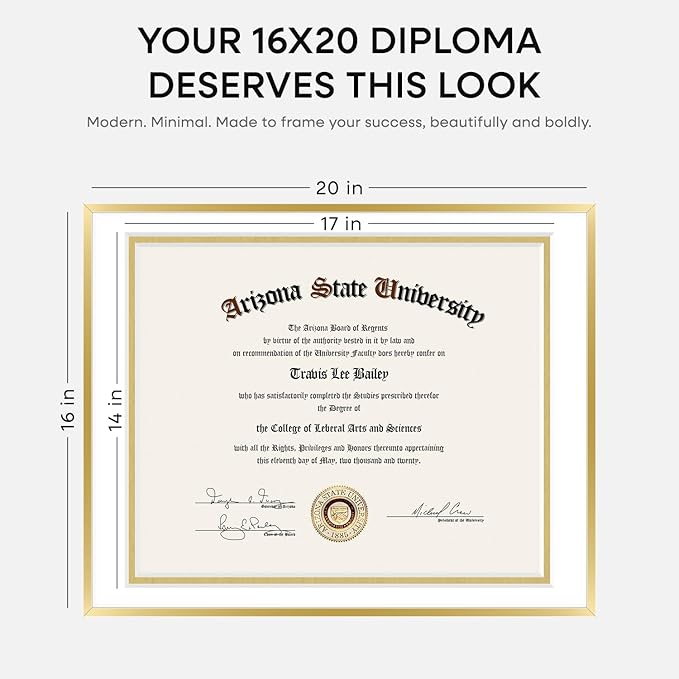 Homeforia 16x20 Diploma Frame Gold, High End Metal 16 x 20 Gold Certificate Frames with Mat 14 x 17, 16by20 Document Frame Matted to 14x17, Graduation Degree Frames, Tempered Glass, Wall Kit, Set of 1