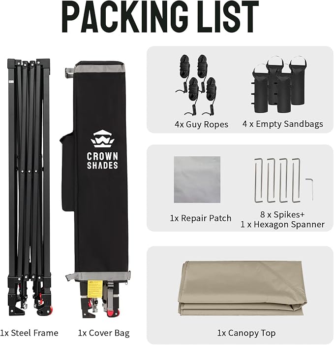 CROWN SHADES 10x10 Pop Up Canopy Tent - Patented Center Lock One Push Instant Outdoor Canopy Beach Tent with STO-N-Go Bag 8 Stakes & 4 Sand Bags，Khaki