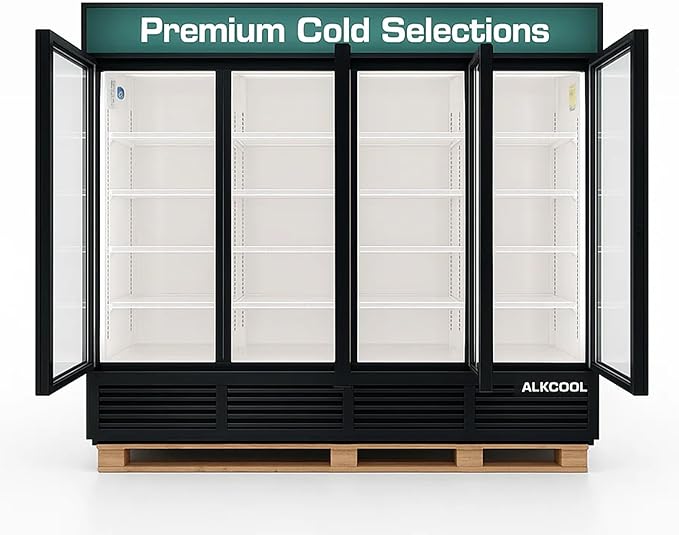Commercial Refrigerator Display Fridge,85 Cu Ft Four Glass Door Upright Merchandiser Drink Cooler with LED Light Adjustable Shelves,ETL Sanitation,80" Wide,Wheels Not Includede
