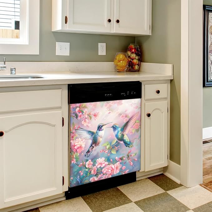 Hummingbird Pinks Flower Dishwasher Magnet Cover, Reusable Refrigerator Panel Stickers Microwave Front Door Covers Magnets for Kitchen Home Appliances Holiday Party Decorations 23 X 26 in