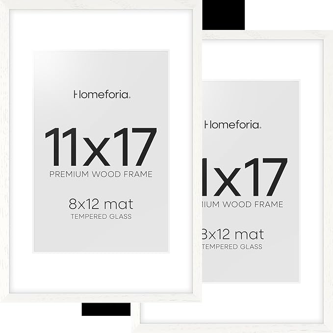 Homeforia 11x17 White Wood Frame, High End Oak 17 x 11 White Wooden Picture Frames with Mat 8 by 12, 11x17 Poster Frame Matted to 8x12 inch Photo, 17x11 Thin Frames, Tempered Glass, Wall Kit, Set of 2