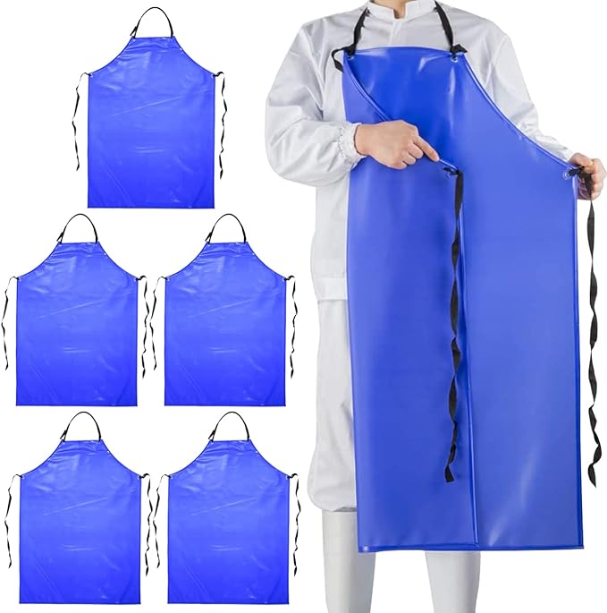 Chemical Resistant Vinyl Apron - Blue Plus Size Unisex PVC Aprons for Dishwashing,Dog Grooming,Gardening,Fish Cleaning,Lab Work（5 Pack）