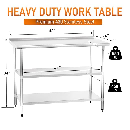 HOCCOT Stainless Steel Table 24" x 48" with 2 Adjustable Undershelves and Backsplash, Commercial Metal Workstations for Kitchen, Garage, Outdoor BBQ