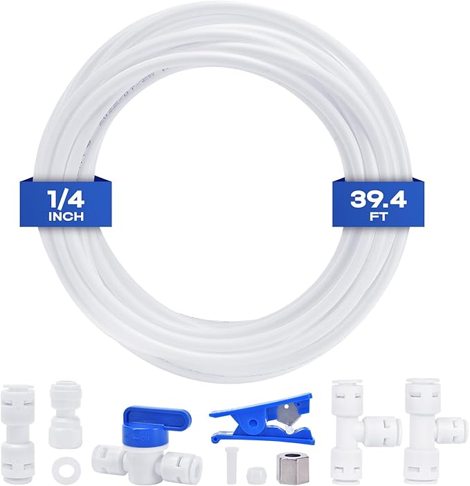 Refrigerator Water Line Kit, CNAODUN Ice Maker Water Line Kit with 1/4" OD 39.4ft Water Line Reverse Osmosis Quick Connect Fittings Push To Connect Water Tube Fittings for Fridge Ice Maker