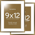 Homeforia 9x12 Frame Bronze, High End Metal 9 x 12 Brass Picture Frames with Mat 7 by 10 inch Photo, 9by12 Poster Frame Matted to 7x10, 12x9 Wall or Tabletop Frames, Tempered Glass, Wall Kit, Set of 2