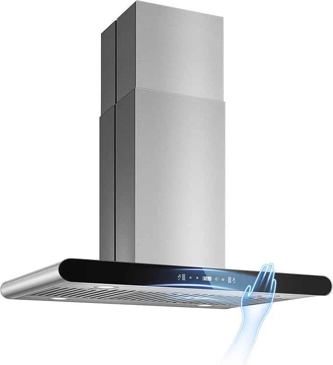 Tiesay Island Range Hood 36 Inch, 700 CFM kitchen Hood with Dual-Sided Touch/Gesture/Remote Control, Ceiling Mount, Convertible Ducted/Ductless, 3-Speed Fan, 3 Stainless Steel Baffle Filters