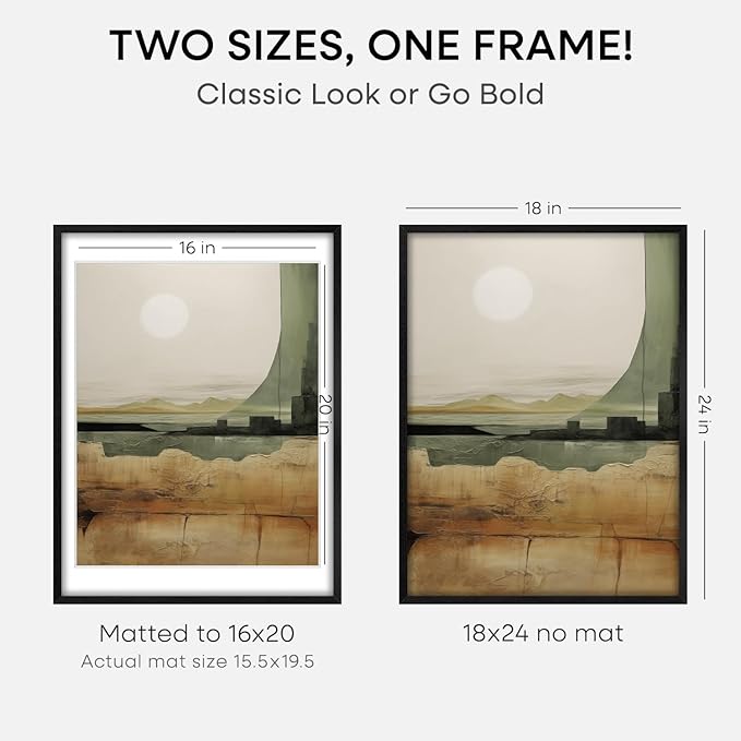 Homeforia Black Wooden Frame 18x24, High End Oak 18x24 Wood Picture Frames with Mat 16x20 Photo, 18 x 24 Poster Frame Matted to 16 by 20 Print, 24x18 Hanging Frames, Tempered Glass, Wall Kit, Set of 3