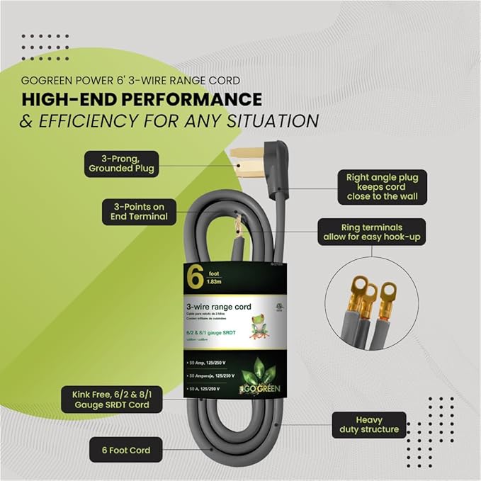 GoGreen Power 6' 3-Wire 50 Amp Range Cord (G-27006)