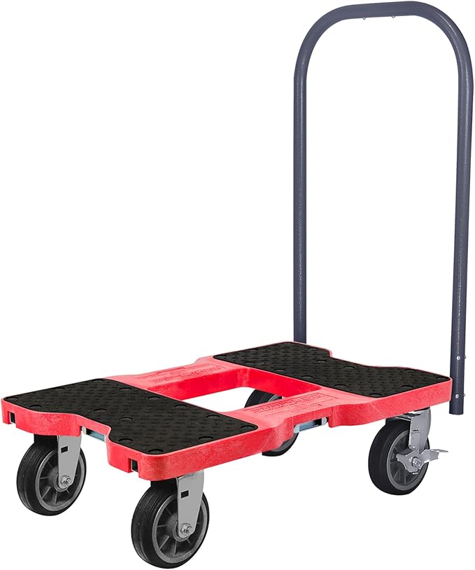 SNAP-LOC, All Terrain 4 Wheel Push Cart Dolly, Heavy Duty Dolly Cart, 6 Inch Casters, Push Bar & E Strap Attachment Included, 1,500 lb Capacity, Made in USA, Red