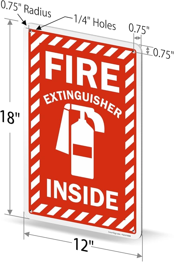 SmartSign 18 x 12 inch “Fire Extinguisher Inside” Metal Sign with Pre-cleared Holes, 63 mil Laminated Rustproof Aluminum, Red and white, Made in USA