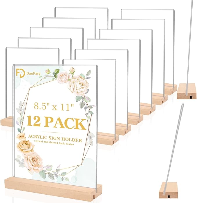 12 Pack Acrylic Sign Holder 8.5 x 11, L/T Shape Double Sided wood Picture Frame Stand up Table Top Sign Holders, Clear Display Stand Menu Flyer Holder for Wedding Party (Provide Non slip Mats)