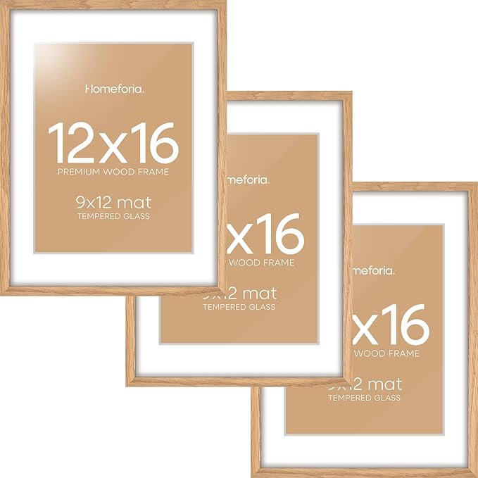 Homeforia 12x16 Wood Frame, High End Natural Oak 12x16 Light Wooden Picture Frame with Mat 9x12, 12 x 16 Poster Frames Matted to 9 by 12 Photo, 16x12 Hanging Frames, Tempered Glass, Wall Kit, Set of 3