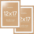 Homeforia 12x17 Picture Frame Natural Wood, High End Oak 12x17 Light Wooden Poster Frame with Mat 10x15, 12 x 17 Frames Matted to 10 x 15 Photo, 17x12 Hanging Frame, Tempered Glass, Wall Kit, Set of 2