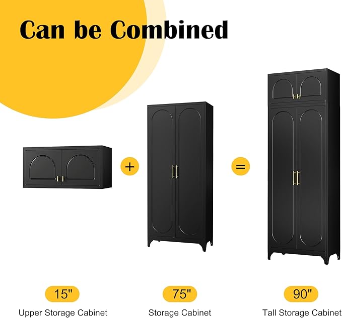 Metal Storage Cabinet and Wall Upper Storage Cabinet,90Inch White Kitchen Pantry Cabinets with 4 Adjustable Shelves,Tall Food Cupboards for Living Room, Dining Room Office