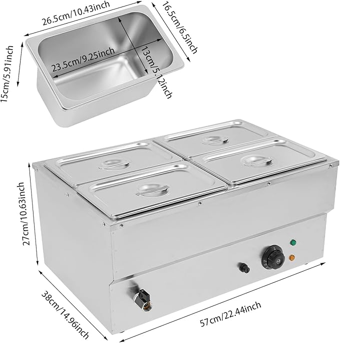 Commercial Food Warmer Stainless Steel Bain Marie Buffet Food Warmer Steam Table Electric Countertop Steam Table Container with 86-185°F Temp Control for Catering Restaurants (4-Pan)