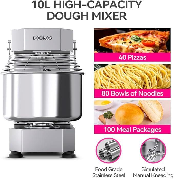 BOOROS Commercial Dough Mixer 750W Dual Rotating Dough Kneading Machine Pizza Dough Mixer 10.5Qt Capacity with Timer & Safety Shield Make 2.2-11Lbs of Dough Suitable for Bakery Pizzeria,110V