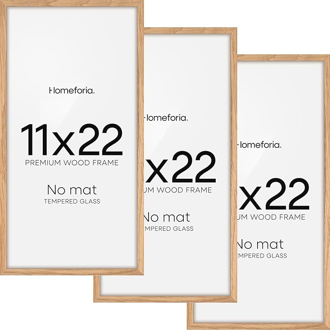 Homeforia 11x22 Newspaper Frame Wooden, High End Natural Oak 11 x 22 Picture Frame Light Wood without Mat, 22x11 Poster Frames for Wall, 11by22 Display Photo Frames, Tempered Glass, Wall Kit, Set of 3