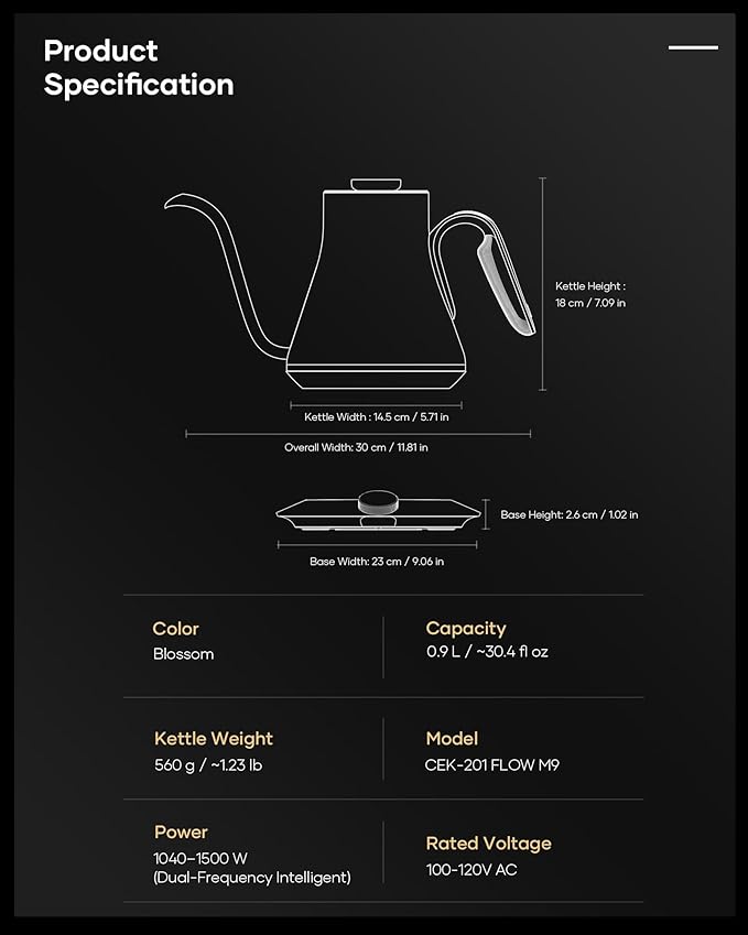 Cocinare FLOW M9 Electric Gooseneck Kettle, ±1℉ Temperature Control for Pour-over Coffee & Tea, Stainless Steel Interior, Quick Heating for Boiling Water (Blossom)