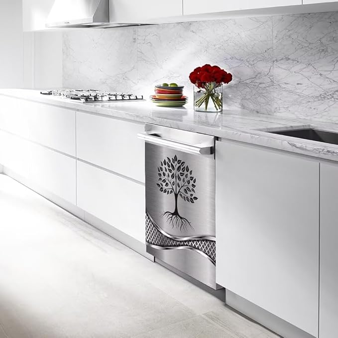 Stainless Steel Design Tree Pattern Magnetic Dishwasher Cover Sticker,Kitchen Decor Magnet Cabinet Fridge Panel Decal Sticker 23W x 17H inchs