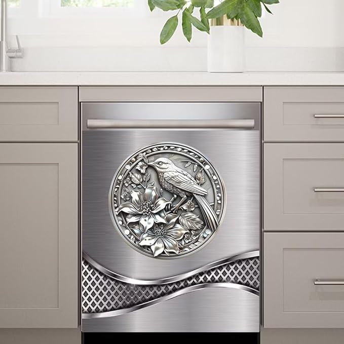 Stainless Steel Design Bird Pattern Dishwasher Magnet Cover Sticker,Refrigerator Magnet Cover Decal Fridge Microwave Stickers Kitchen Decor,23 x 26 Inch