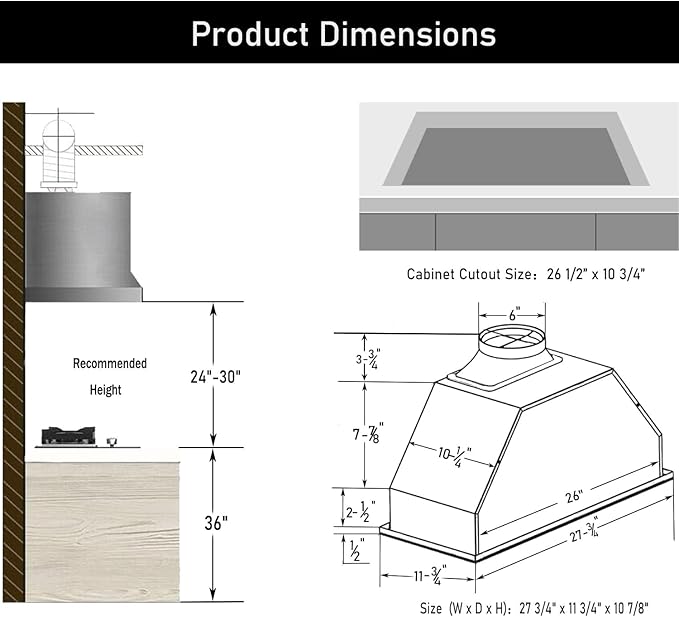 MCBON Range Hood Insert 30 Inch, 600 CFM Range Hood Insert, Vent Hood Insert, Ducted/Ductless Convertible Range Hood Insert, Stainless Steel Range Hood, Black Insert Range Hood 30 Inch, IE71-BLACK-30