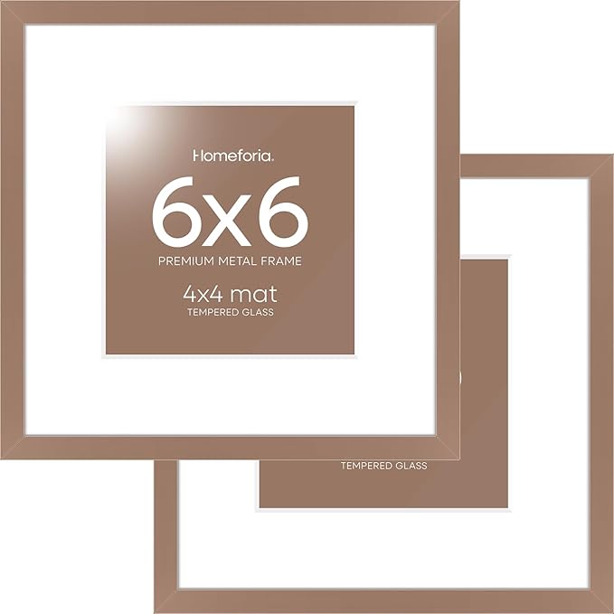 Homeforia 6x6 Picture Frame Mocha, High End Metal 6 x 6 Square Photo Frames with Mat 4 by 4, 6x6 Poster Frame Matted to 4x4 inches Print, 6by6 Wall or Tabletop Frame, Tempered Glass, Wall Kit, Set of 2