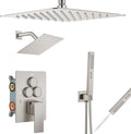 Aolemi Shower Faucet Set Ceiling Mount Shower System Rough-in Valve and Shower Trim Kit 2 in 1 Handheld Spray Push Button Diverter 12 and 6 Inch Dual Shower Head Brushed Nickel