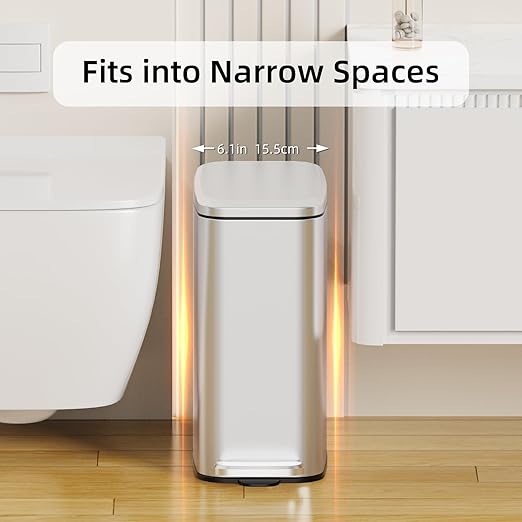 Small Bathroom Trash Can with Lid Soft Close, Step Pedal, 6L / 1.6 Gal Stainless Steel Garbage Bin with Removable Inner Bucket, Slim Wastebasket for Narrow Spaces (Silver)