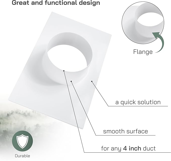 Vent Systems 4" Inch Duct Connector Flange – White Plastic Straight Ventilation Plate Adapter – Heavy-Duty HVAC Air Vent Fitting for Wall, Ceiling or Floor Mounting – Easy Indoor Installation