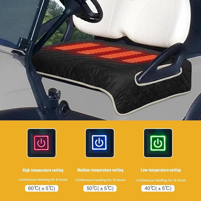 Universal Heated Golf Cart Seat Cover - Waterproof Golf Cart Heater Accessory w/ 4-Zone Warmth, 3 Heat Levels, USB/Type-C & 12V Plug for EZGO/Yamaha/Club Car (Gray)