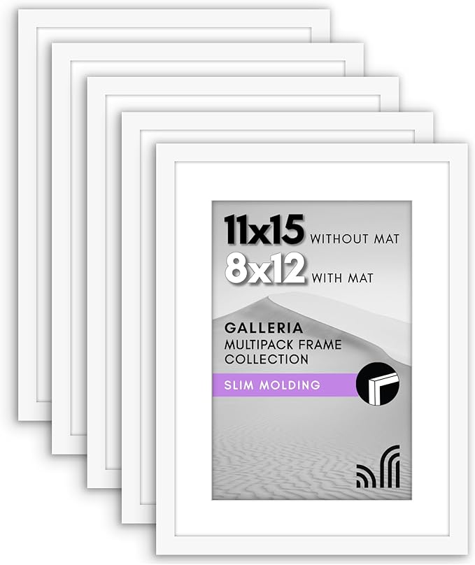 Americanflat 11x15 Picture Frame with Polished Plexiglass - Set of 5 - Use as 8x12 Frame with Mat or Display 11x15 Photo Without Mat - Galleria Collection - Picture Frames for Wall Display - White